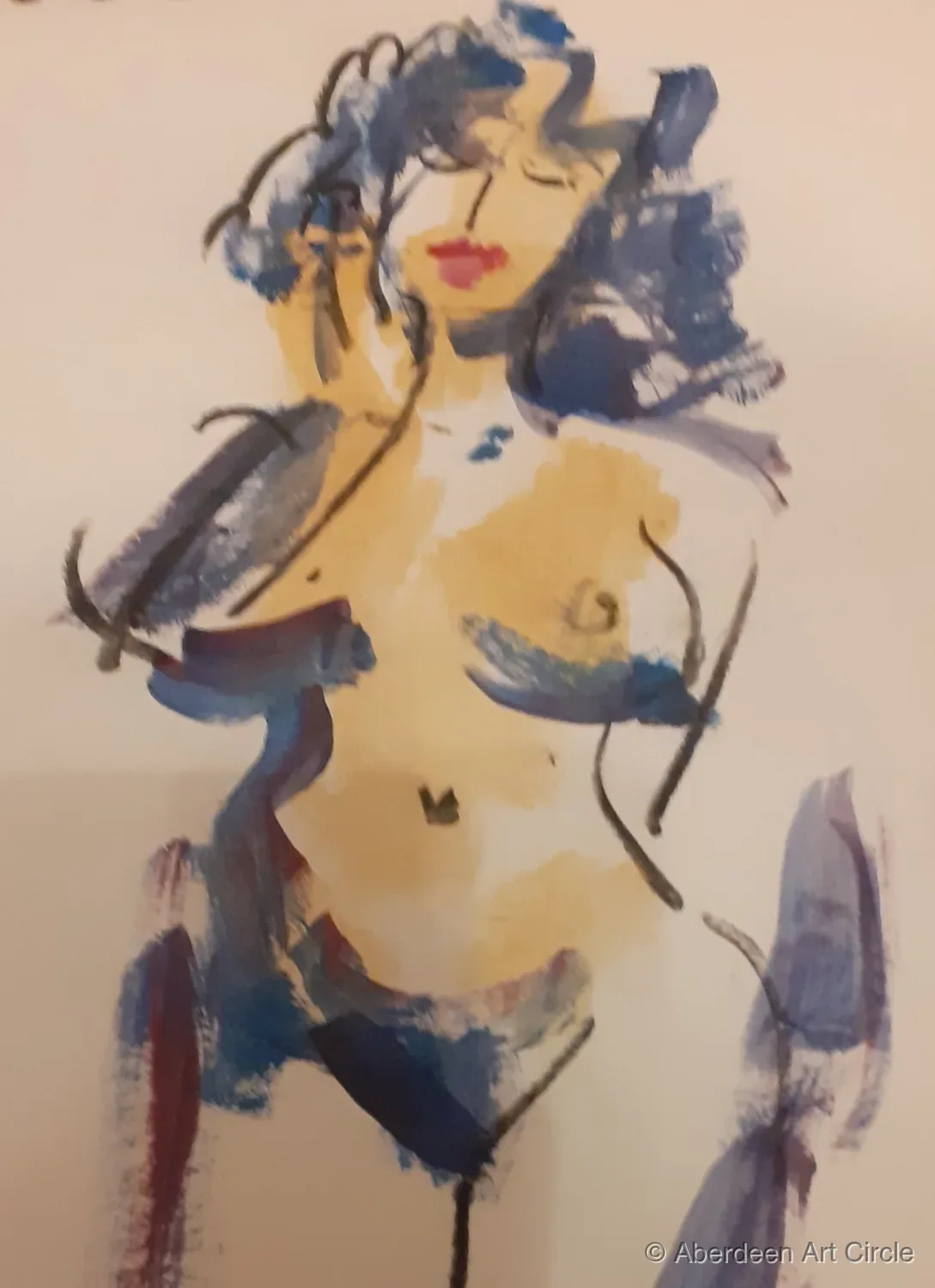 Standing figure in blue and ochre — figurative painting by Kathleen Watt, Aberdeen Art Circle