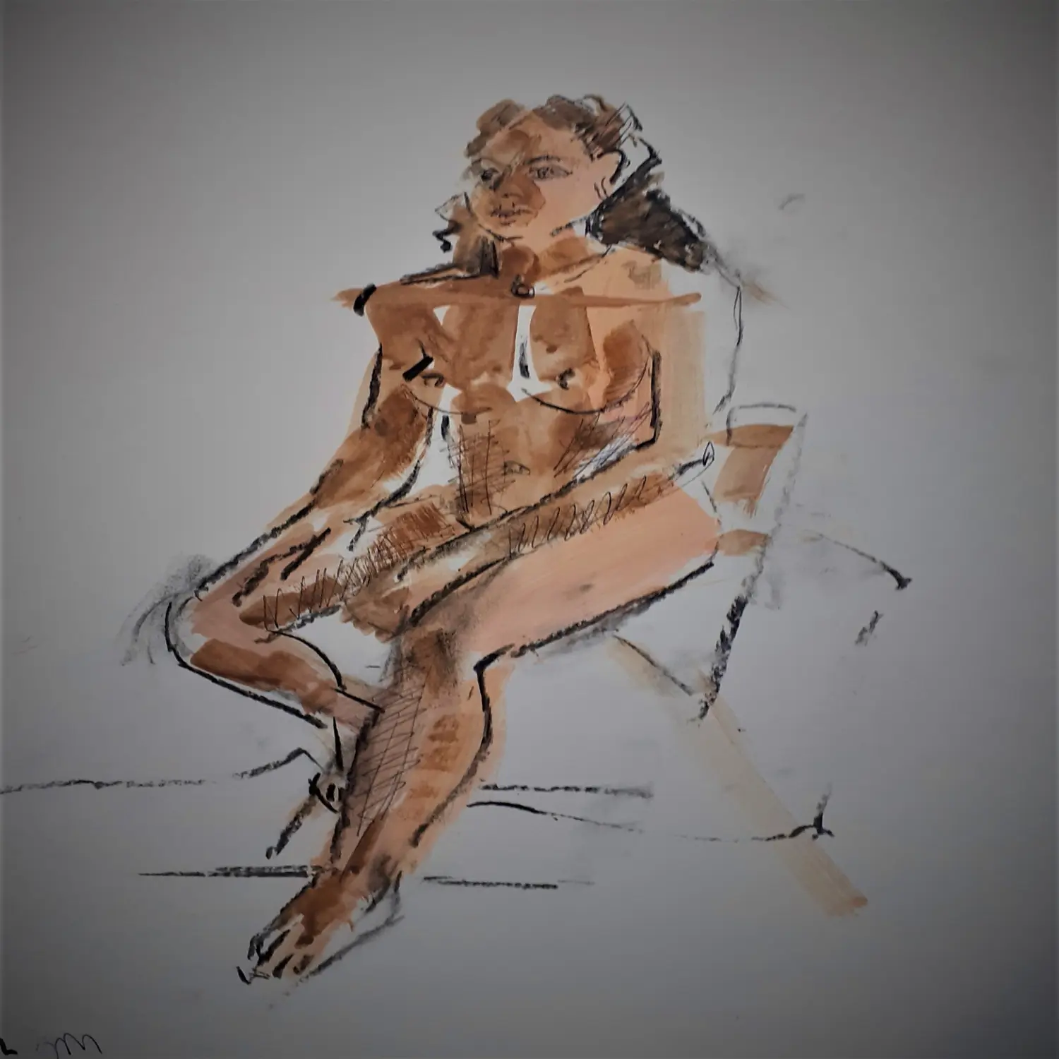 Ink and wash seated figure study from life drawing class in Aberdeen