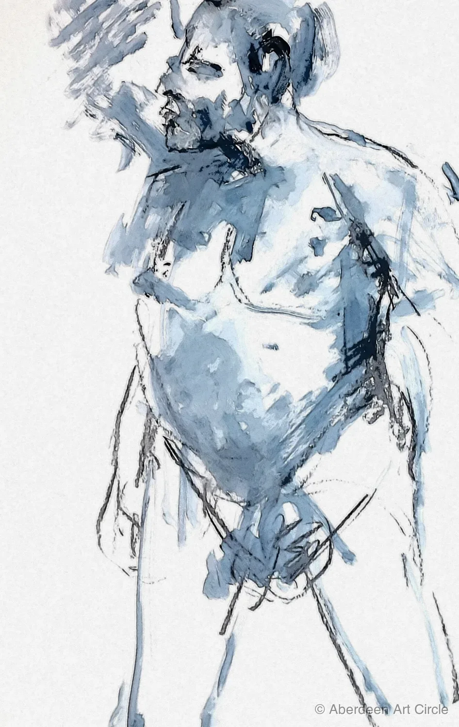 Standing male figure in blue wash and charcoal — life drawing session study, Aberdeen